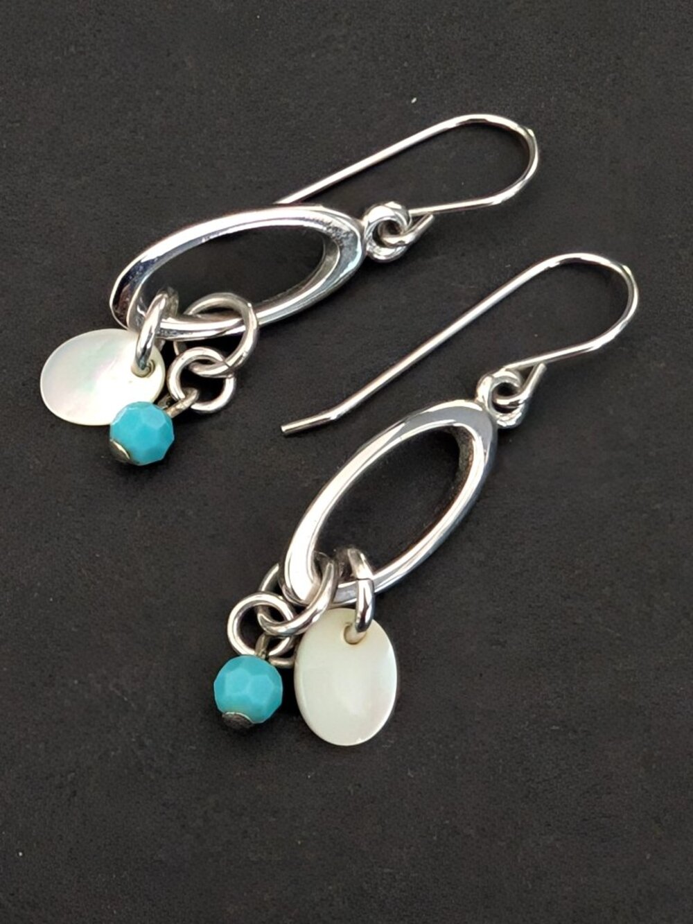 Silver , MOP and blue crystal bead oval drop earrings